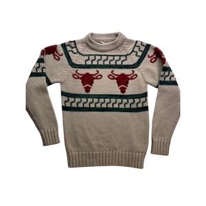 Vintage Landmark Sweater Youth M Tan Cowichan Bull Longhorn Knit Raglan